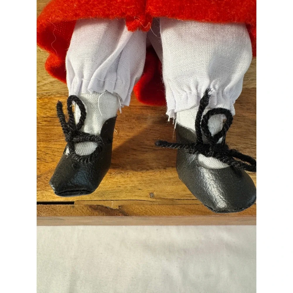 Vtg Bisque Scandinavian Girl Doll Norway Christmas Red Dress Knit Cap Wood Skiis